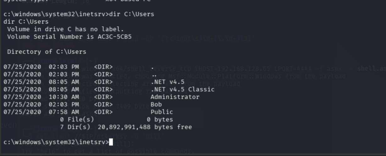 dir C:\Users listing Bob, Administrator, and other users